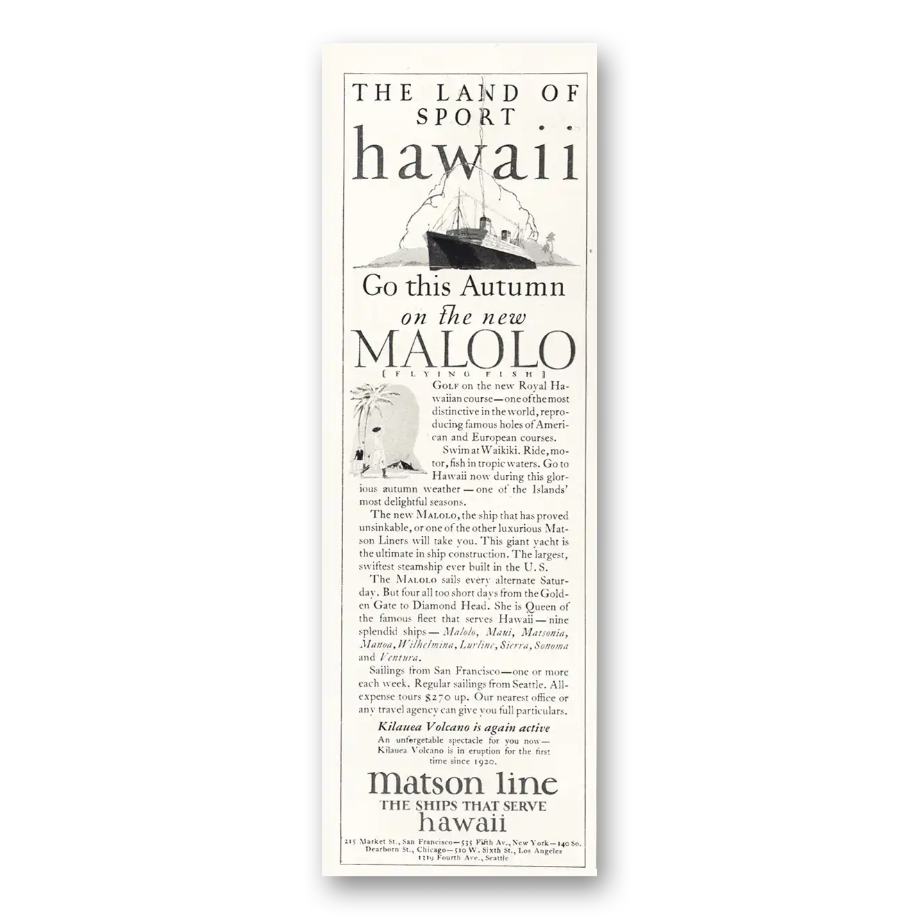 1927 Matson Line Land of Sport Malolo Vintage Magazine Print Ad