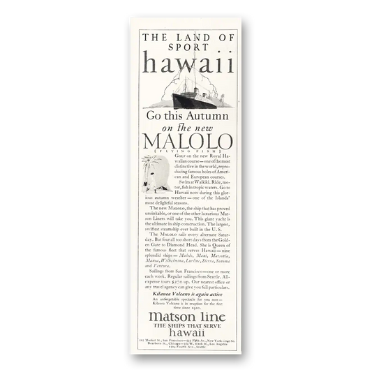 1927 Matson Line Land of Sport Malolo Vintage Magazine Print Ad