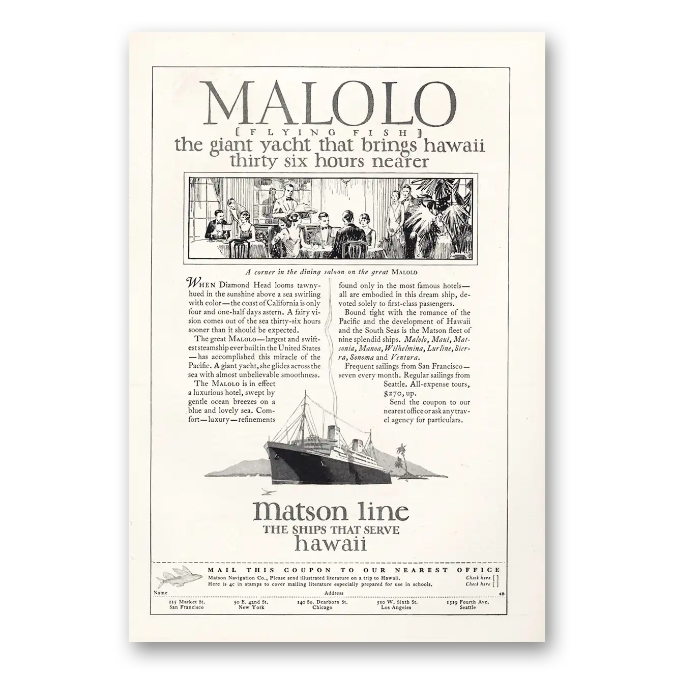 1927 Matson Line Malolo Giant Yacht Brings Hawaii Thirty Six Hours Nearer Vintage Magazine Print Ad