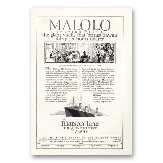 1927 Matson Line Malolo Giant Yacht Brings Hawaii Thirty Six Hours Nearer Vintage Magazine Print Ad