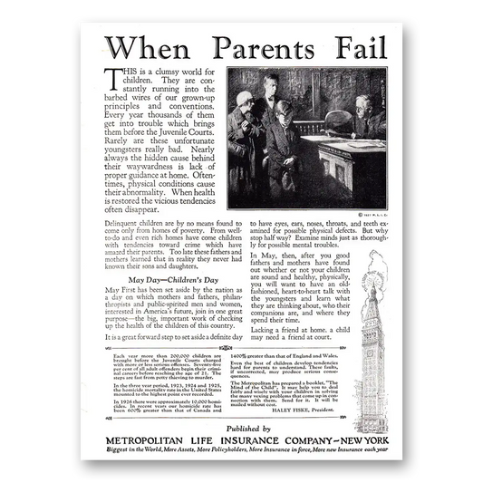 1927 Metropolitan Life Insurance When Parents Fail Vintage Magazine Print Ad