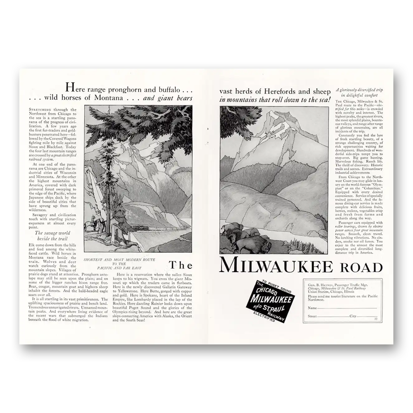 1927 Milwaukee Road Range Pronghorn and Buffalo Vintage Magazine Print Ad