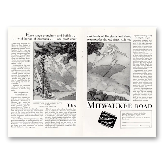 1927 Milwaukee Road Range Pronghorn and Buffalo Vintage Magazine Print Ad