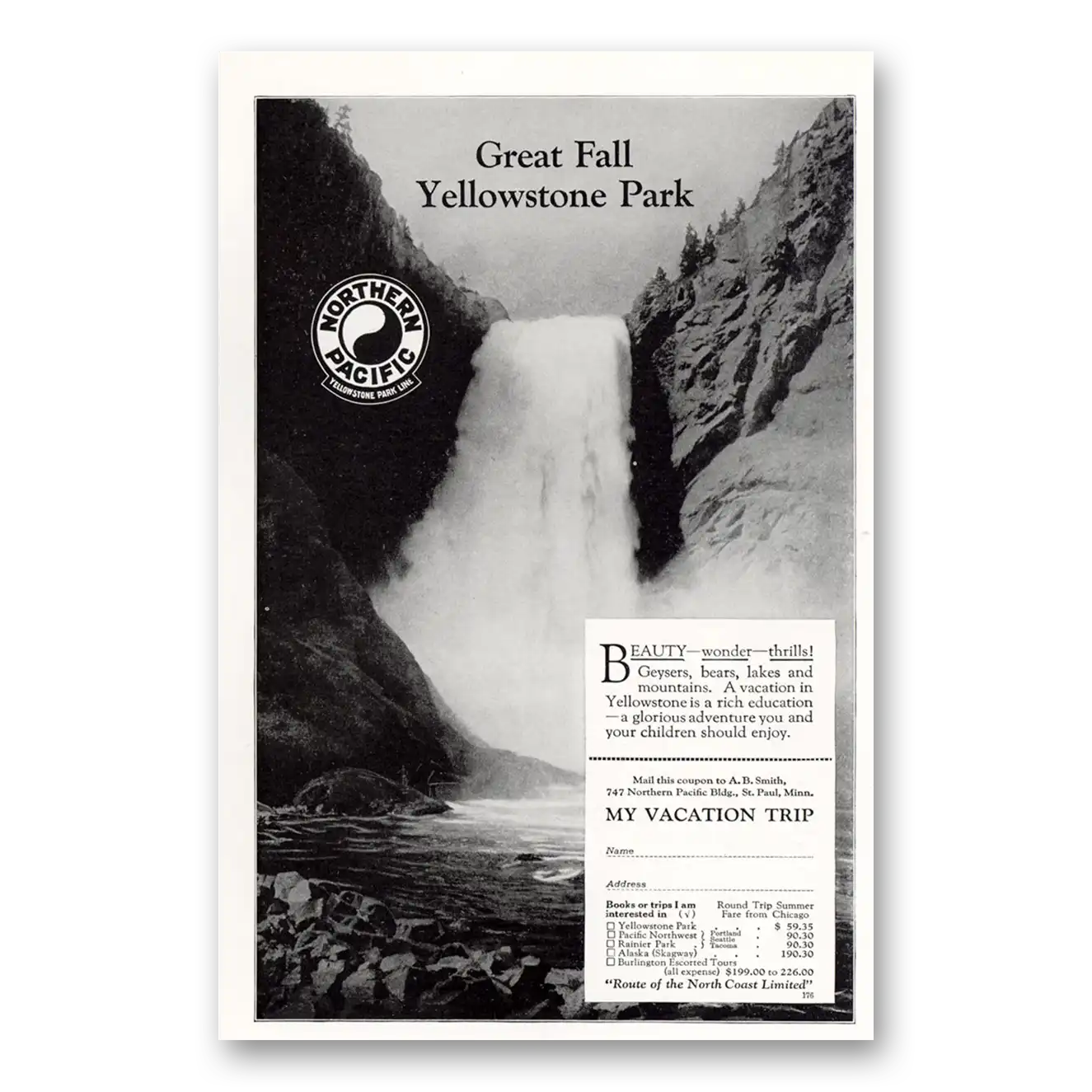 1927 Northern Pacific Railway Great Fall Yellowstone Park Vintage Magazine Print Ad