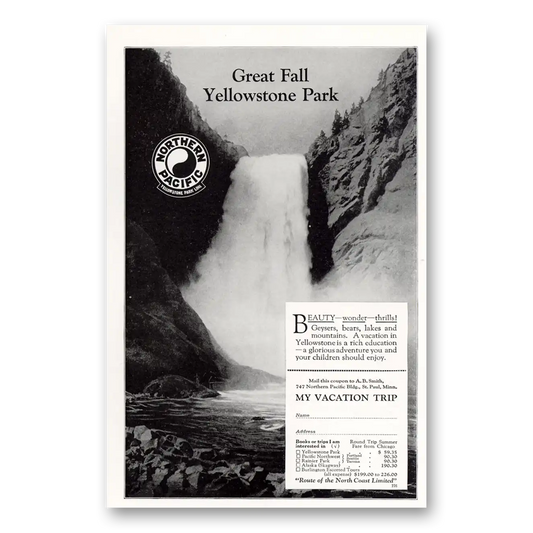 1927 Northern Pacific Railway Great Fall Yellowstone Park Vintage Magazine Print Ad