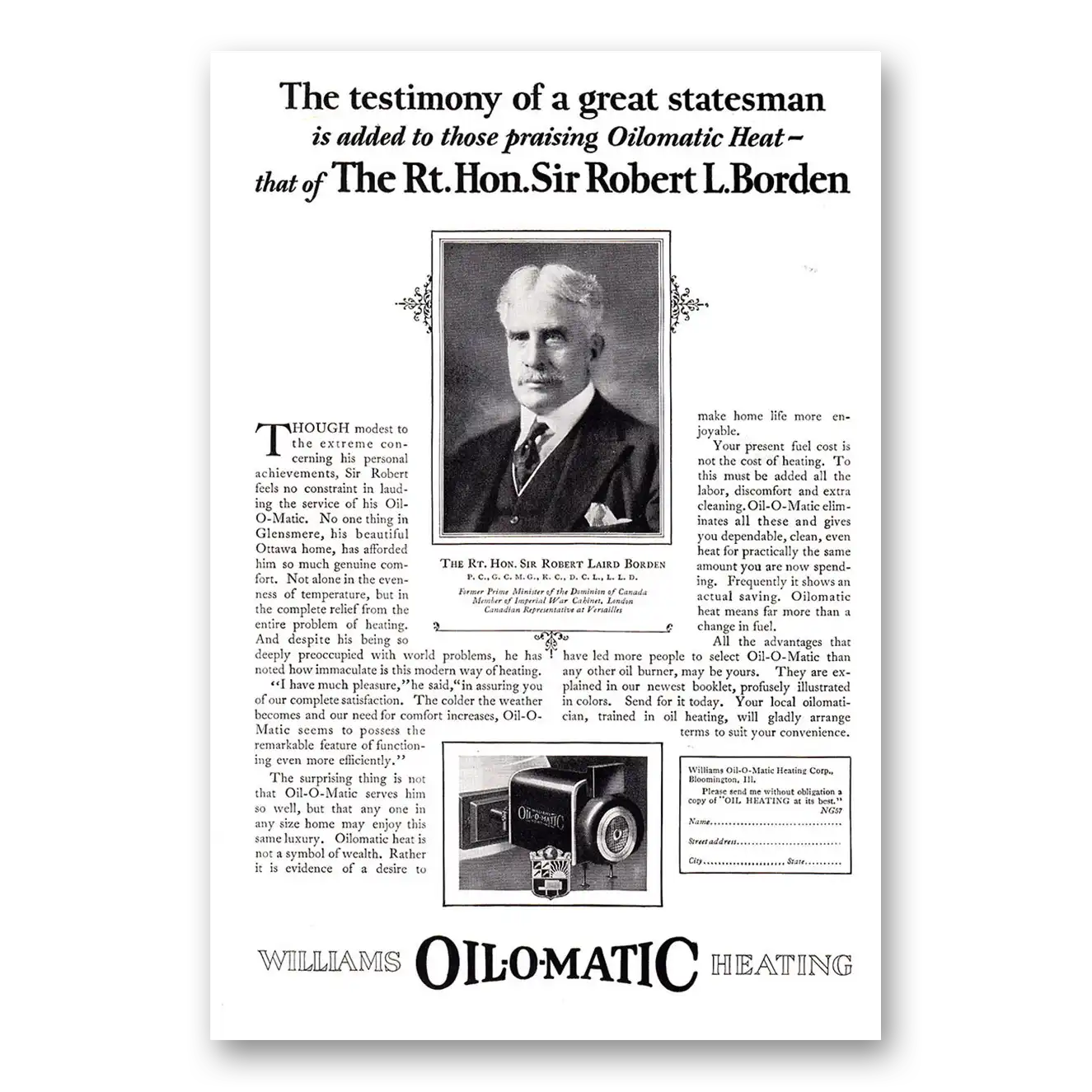 1927 Williams Oil-O-Matic Great Statesman Rt Hon Sir Robert L Boren Vintage Magazine Print Ad