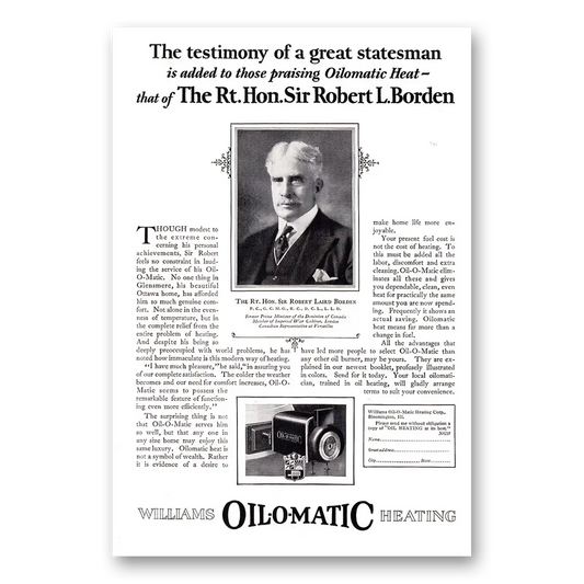 1927 Williams Oil-O-Matic Great Statesman Rt Hon Sir Robert L Boren Vintage Magazine Print Ad