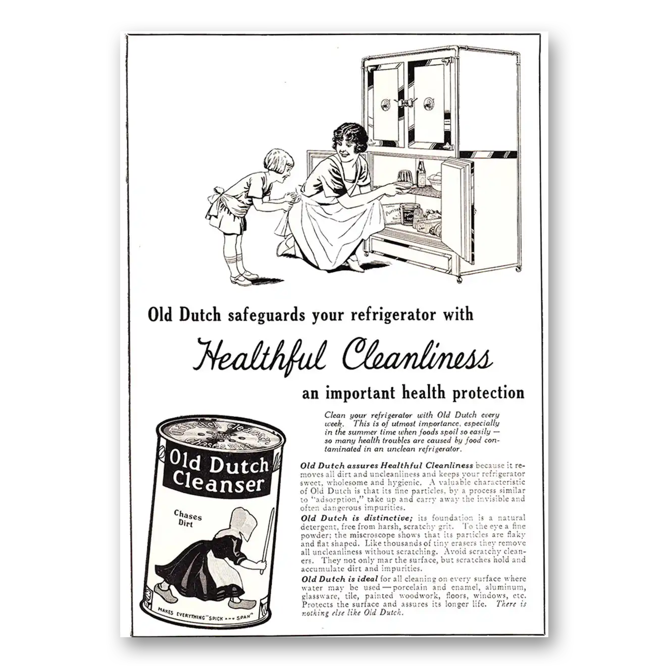 1927 Old Dutch Cleanser Healthful Cleanliness Refrigerator Vintage Magazine Print Ad