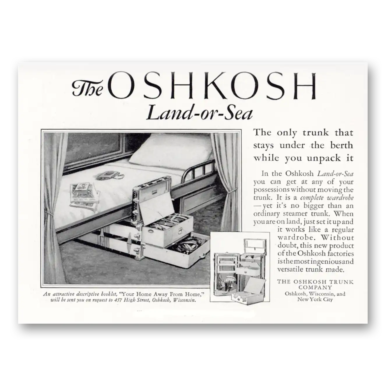 1927 Oshkosh Trunks and Luggage Land Or Sea Vintage Magazine Print Ad