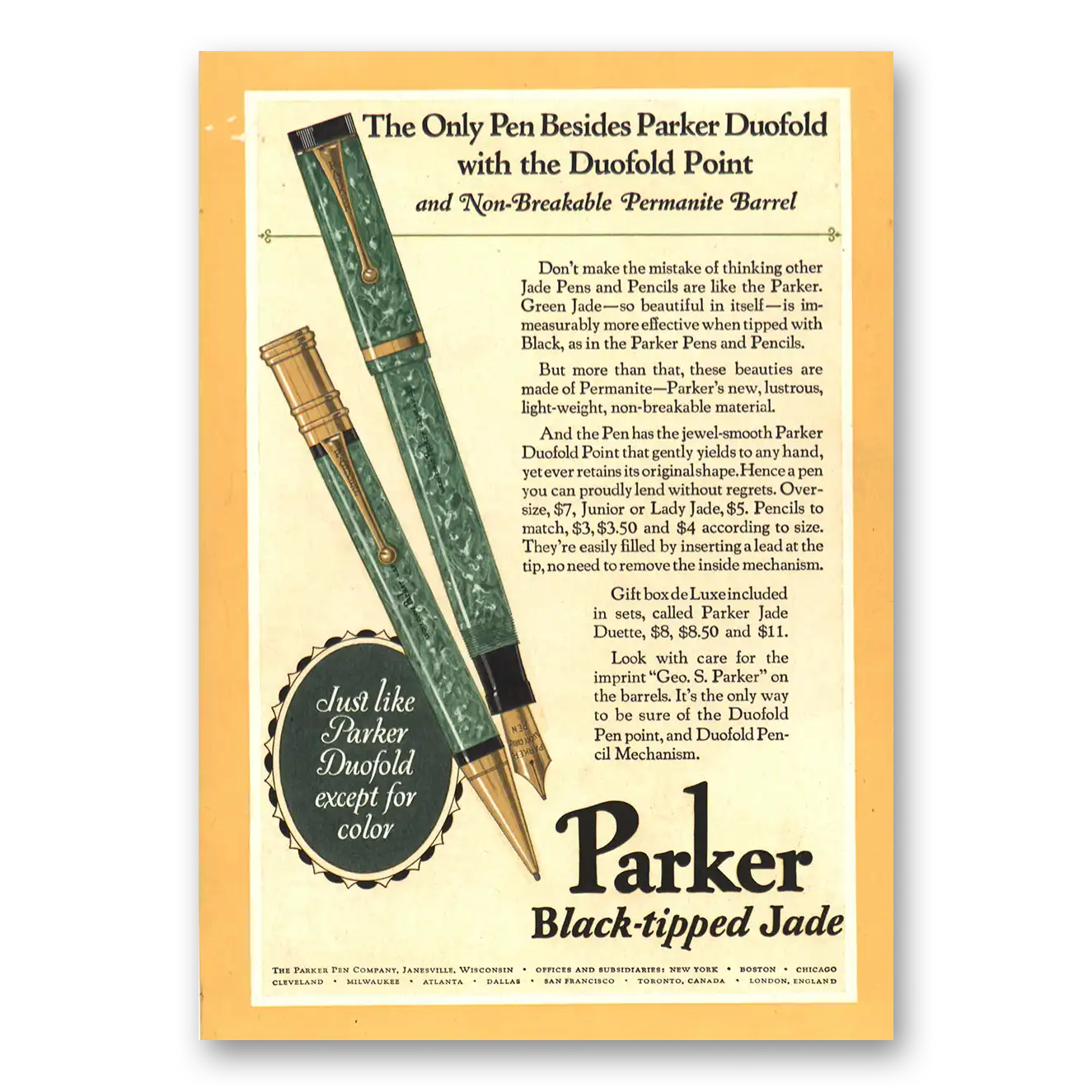 1927 Parker Duofold Pen Black Tipped Jade Vintage Magazine Print Ad