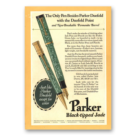 1927 Parker Duofold Pen Black Tipped Jade Vintage Magazine Print Ad