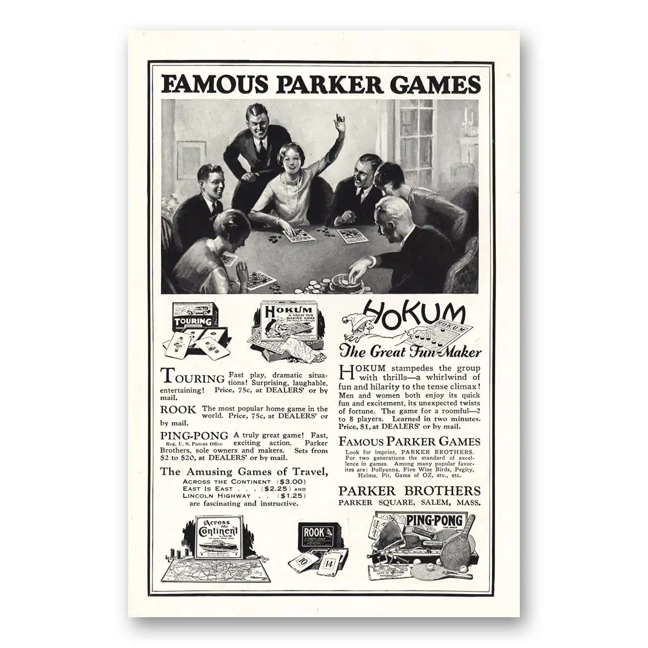 1927 Parker Brothers Touring Hokum Rook Ping Pong Vintage Magazine Print Ad