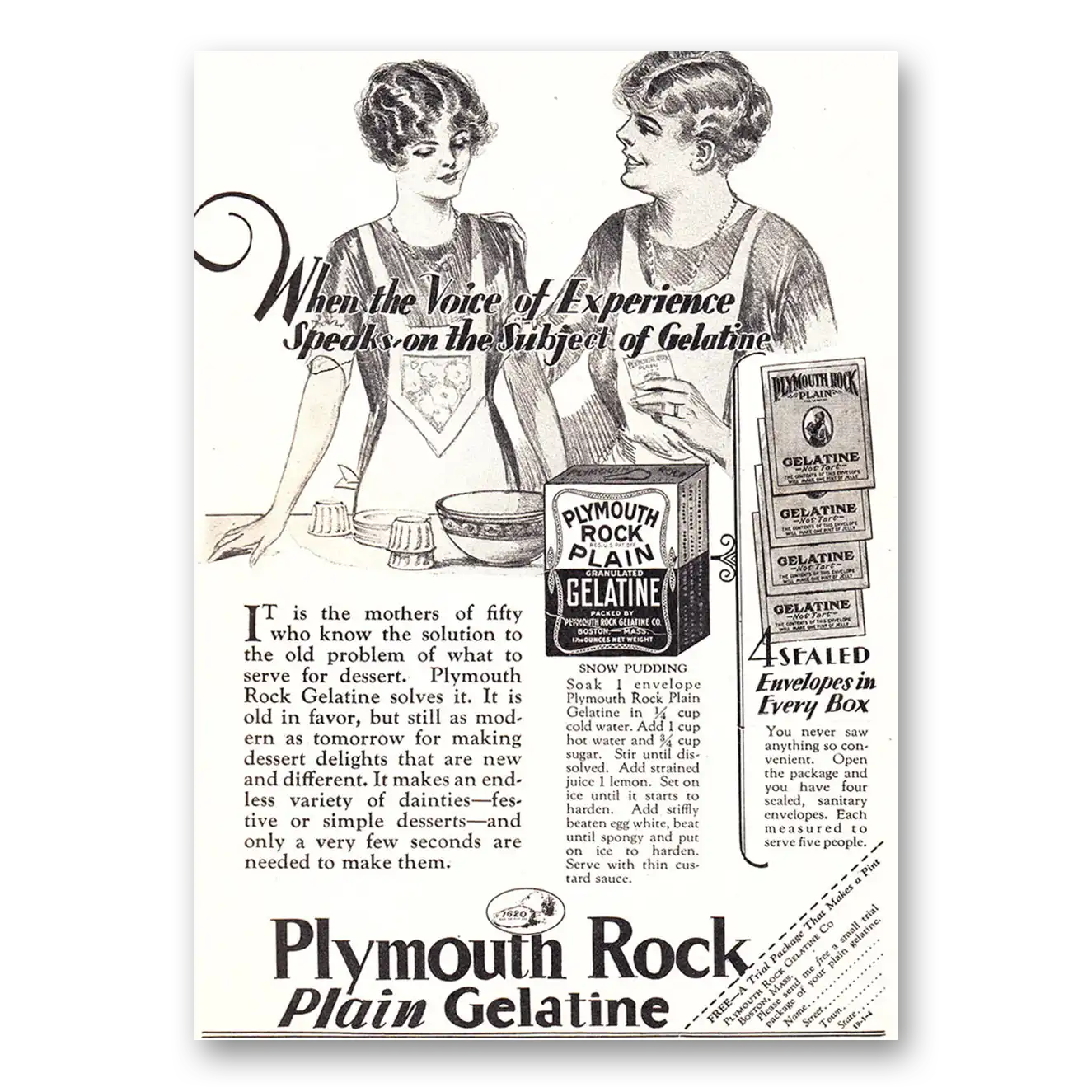 1927 Plymouth Rock Gelatine Voice of Experience Vintage Magazine Print Ad