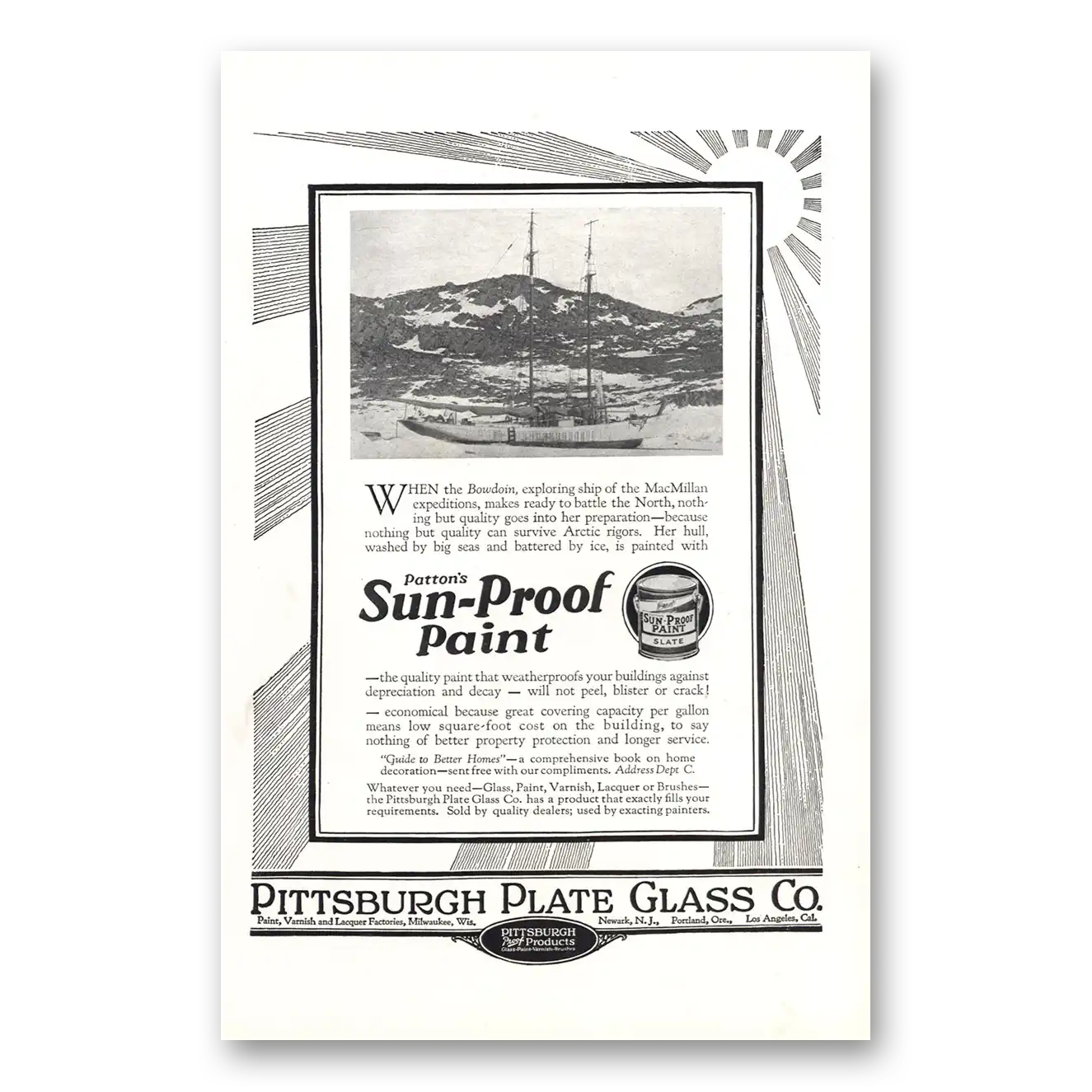 1927 PPG Pittsburgh Plate Glass Bowdoin Exploring Ship MacMillan Vintage Magazine Print Ad