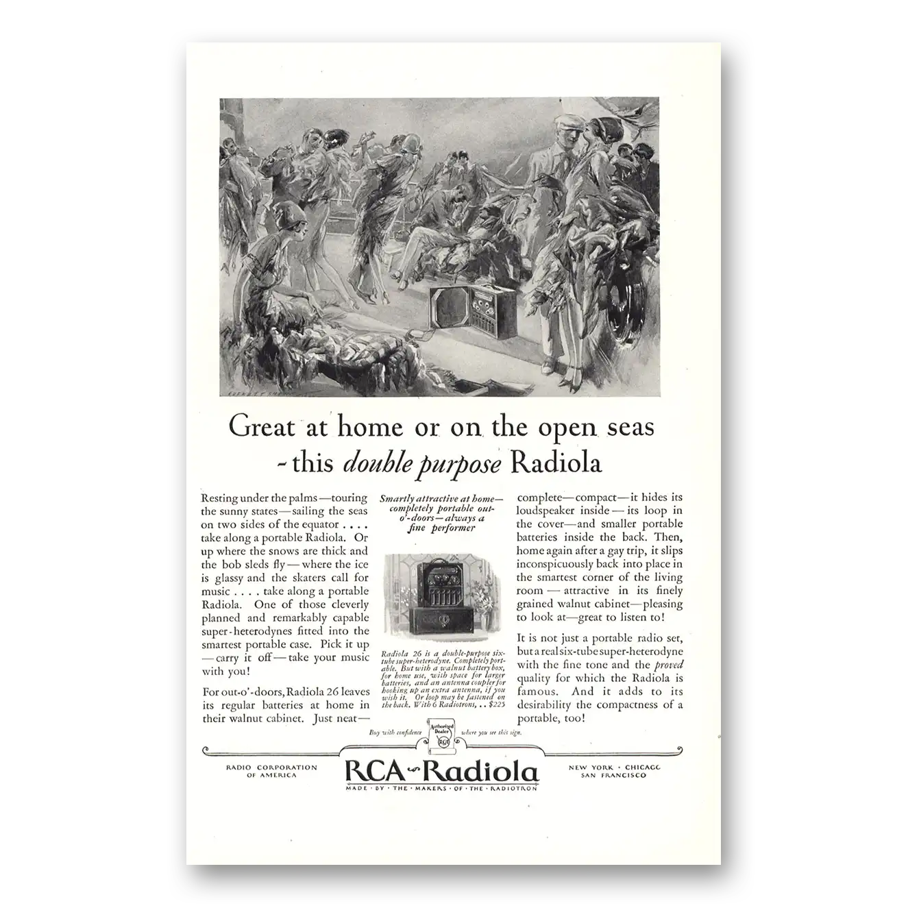 1927 RCA Radiola Radio Victrola Great at Home or On Open Seas Vintage Magazine Print Ad