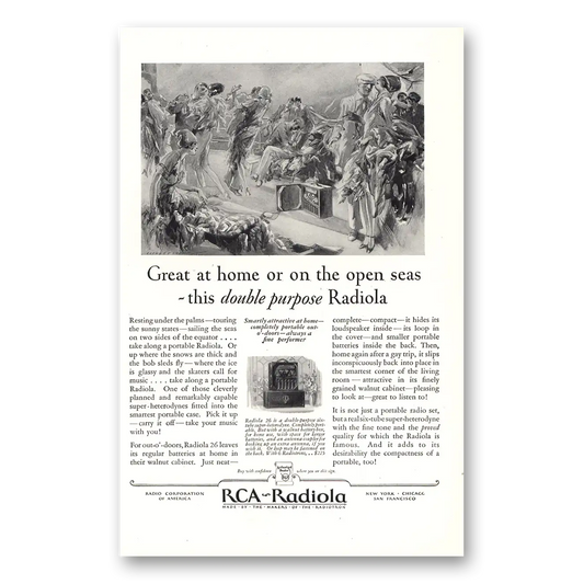 1927 RCA Radiola Radio Victrola Great at Home or On Open Seas Vintage Magazine Print Ad