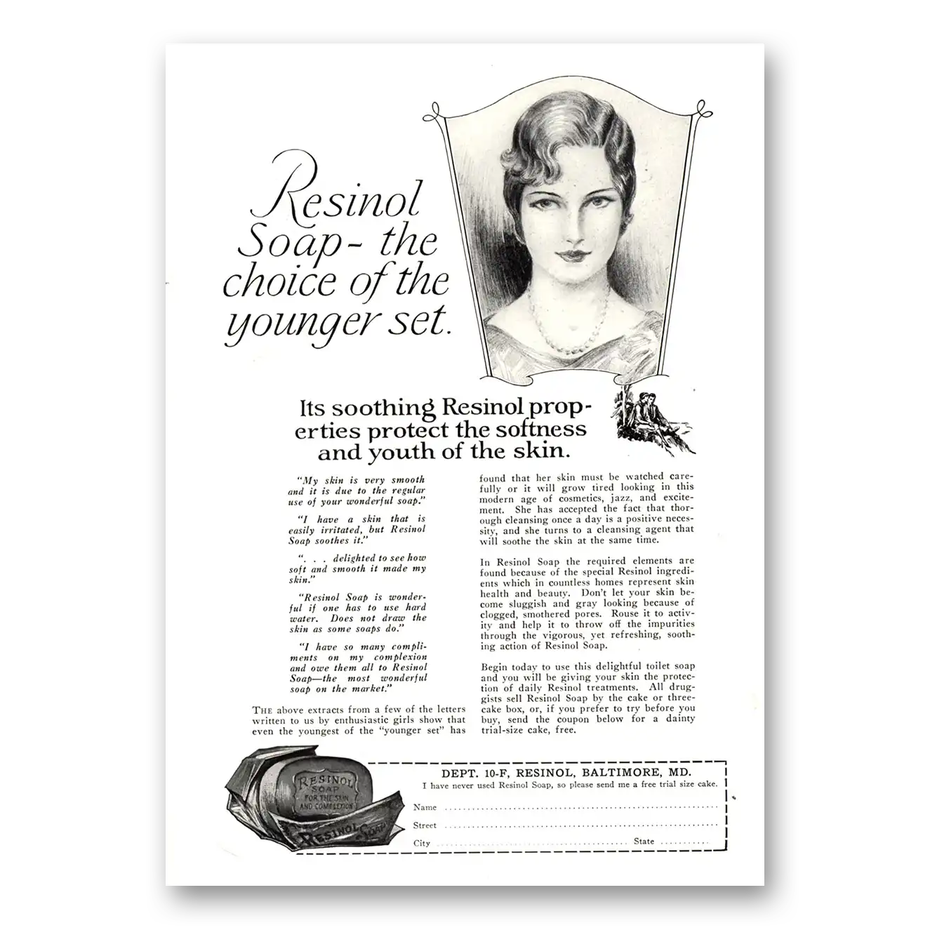 1927 Resinol Soap Choice of the Younger Set Vintage Magazine Print Ad