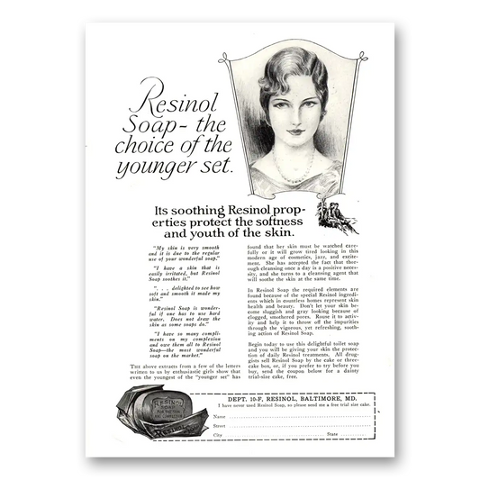 1927 Resinol Soap Choice of the Younger Set Vintage Magazine Print Ad