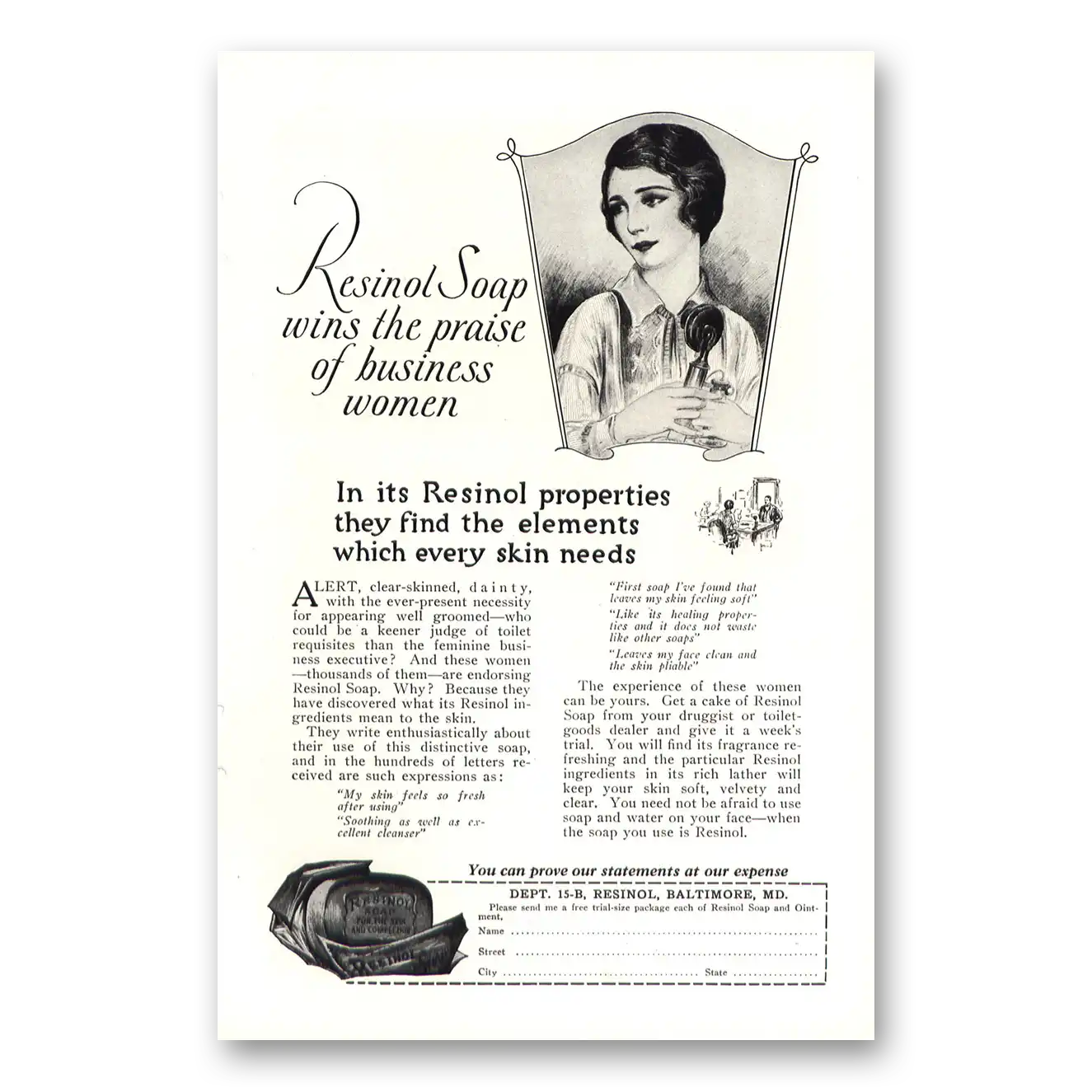 1927 Resinol Soap Wins the Praise of Business Women Vintage Magazine Print Ad