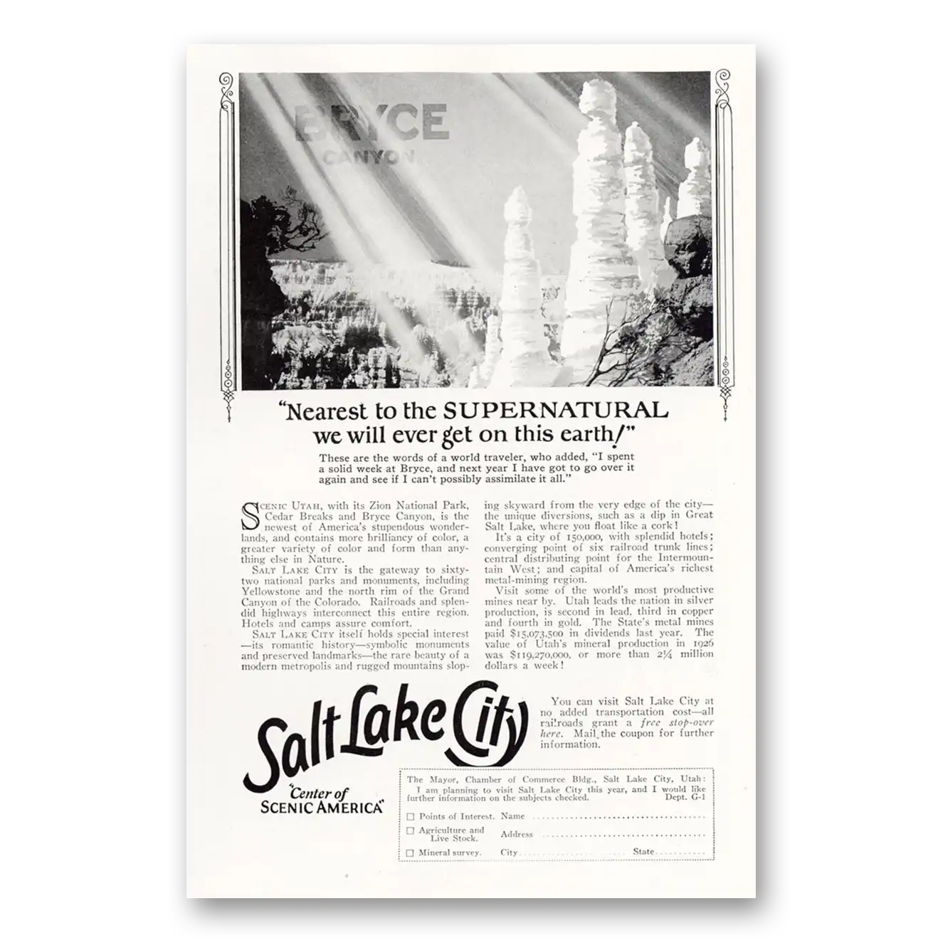 1927 Salt Lake City Utah Nearest to the Supernatural We Will Ever Get Vintage Magazine Print Ad