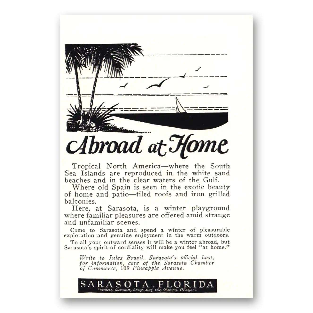 1927 Sarasota Florida Abroad at Home Vintage Magazine Print Ad