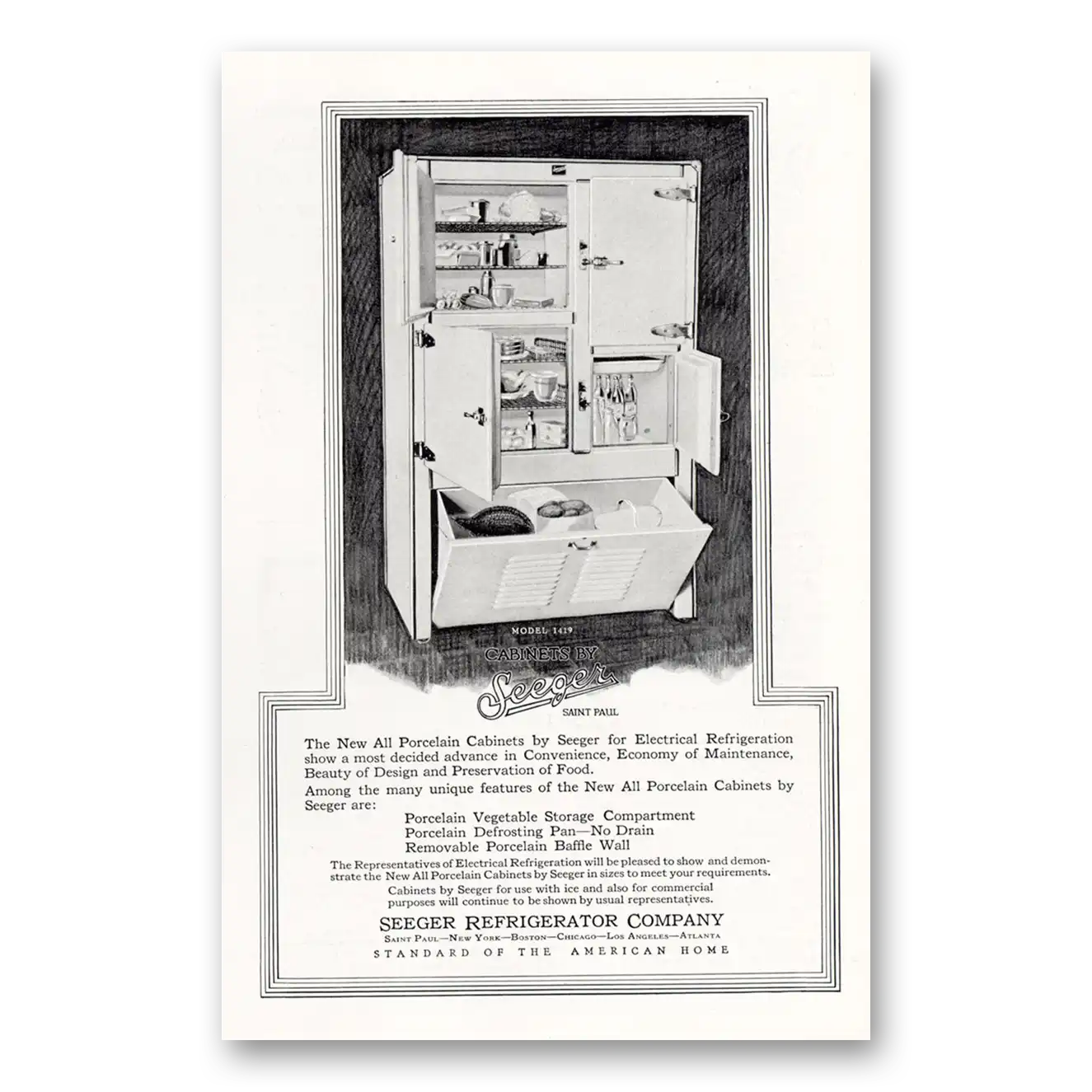 1927 Seeger Refrigerator Porcelain Cabinets Electrical Refrigeration Vintage Magazine Print Ad