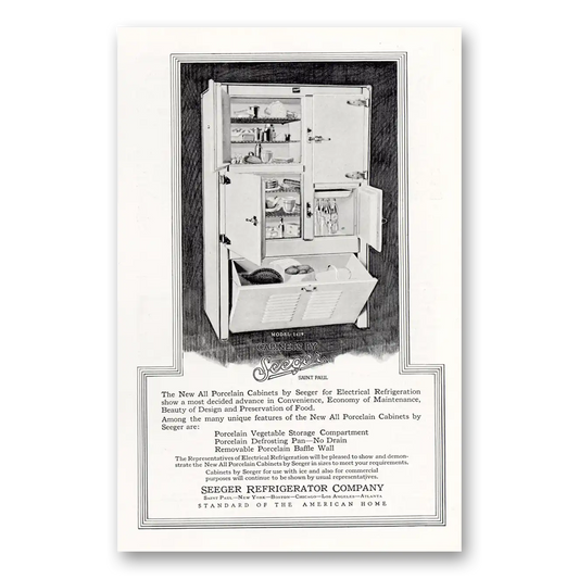 1927 Seeger Refrigerator Porcelain Cabinets Electrical Refrigeration Vintage Magazine Print Ad