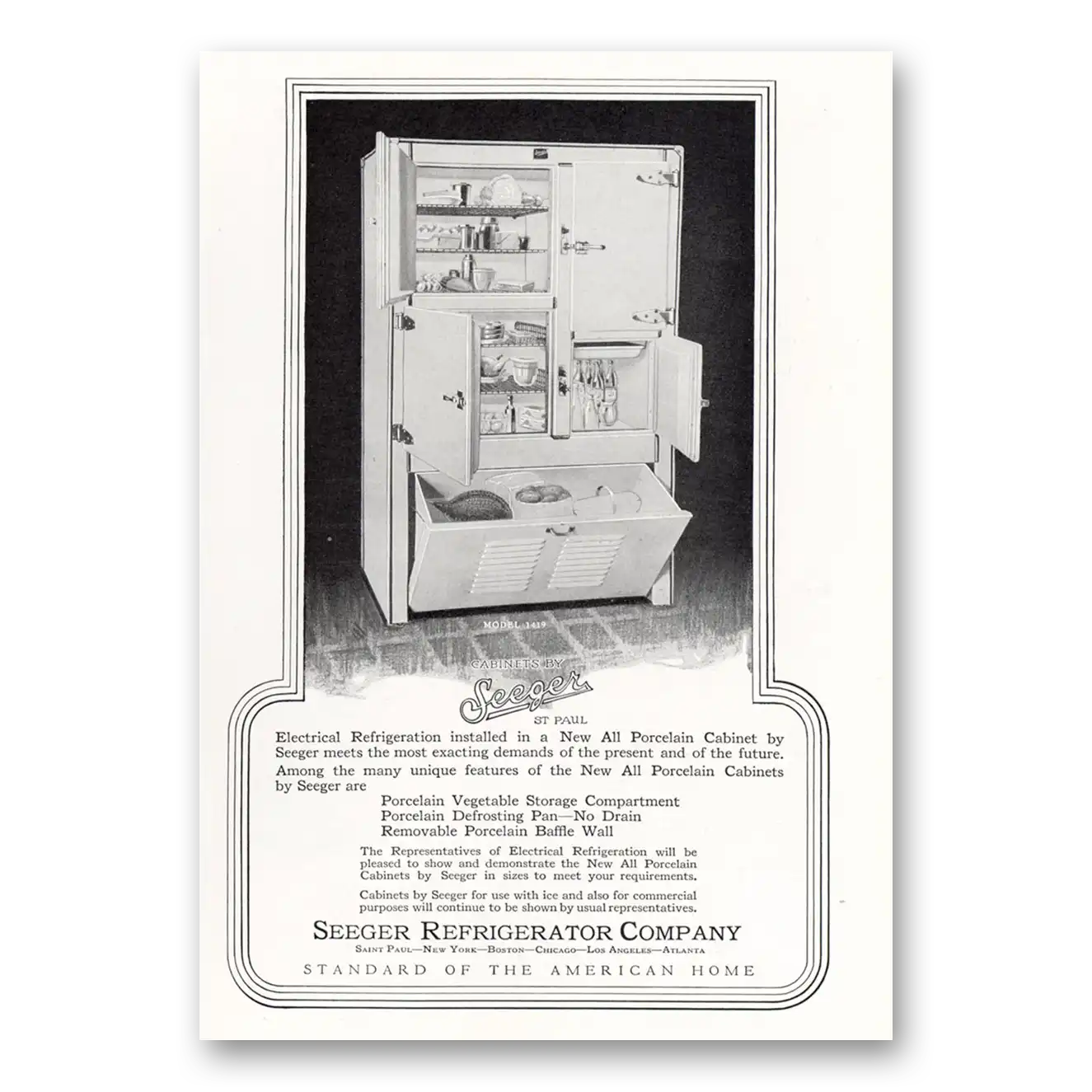 1927 Seeger Refrigerator Porcelain Cabinet Vintage Magazine Print Ad