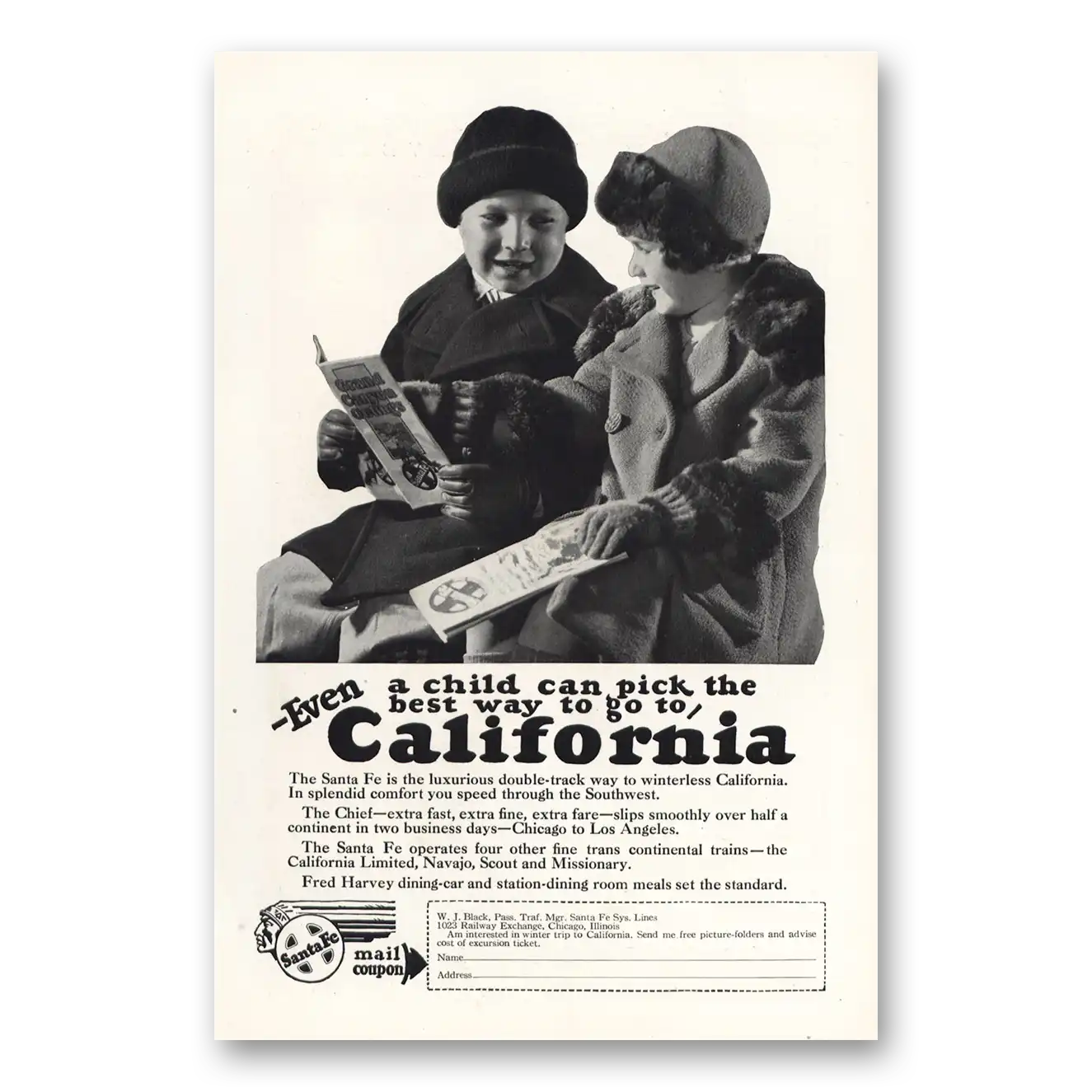 1927 Santa Fe Railway Child Can Pick the Best Way to Go California Vintage Magazine Print Ad