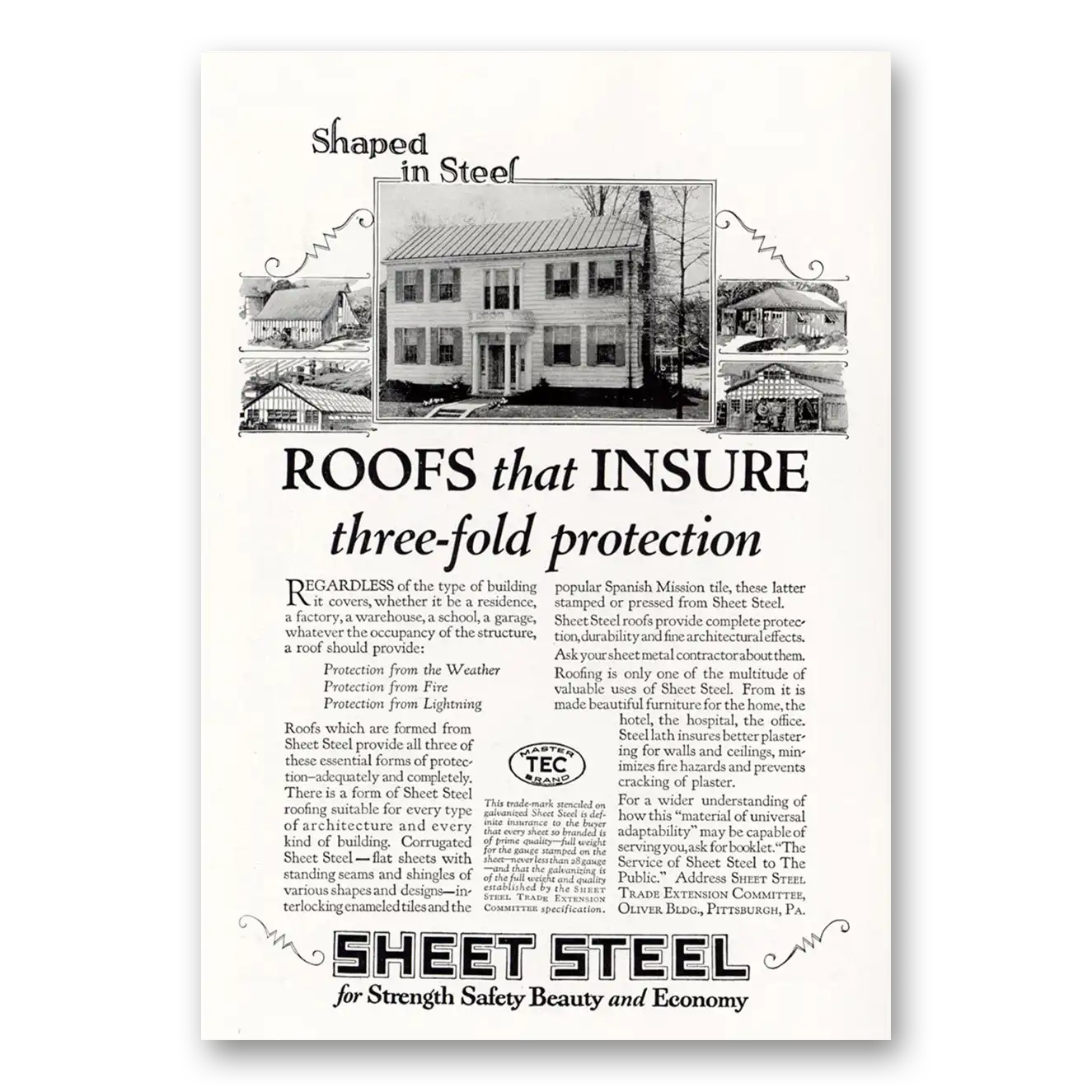 1927 Sheet Steel Trade Roofs That Insure Three Fold Protection Vintage Magazine Print Ad