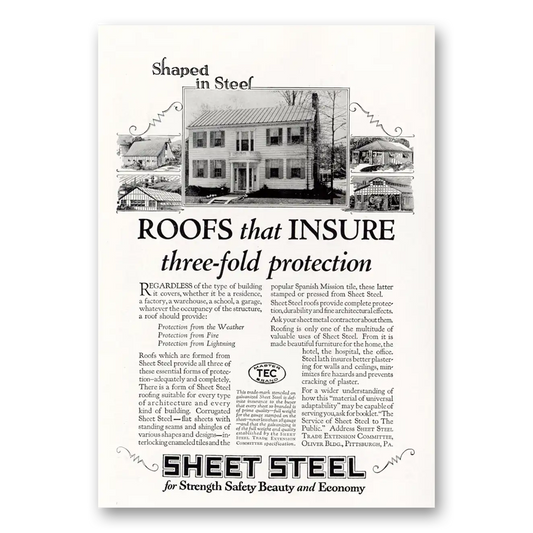 1927 Sheet Steel Trade Roofs That Insure Three Fold Protection Vintage Magazine Print Ad