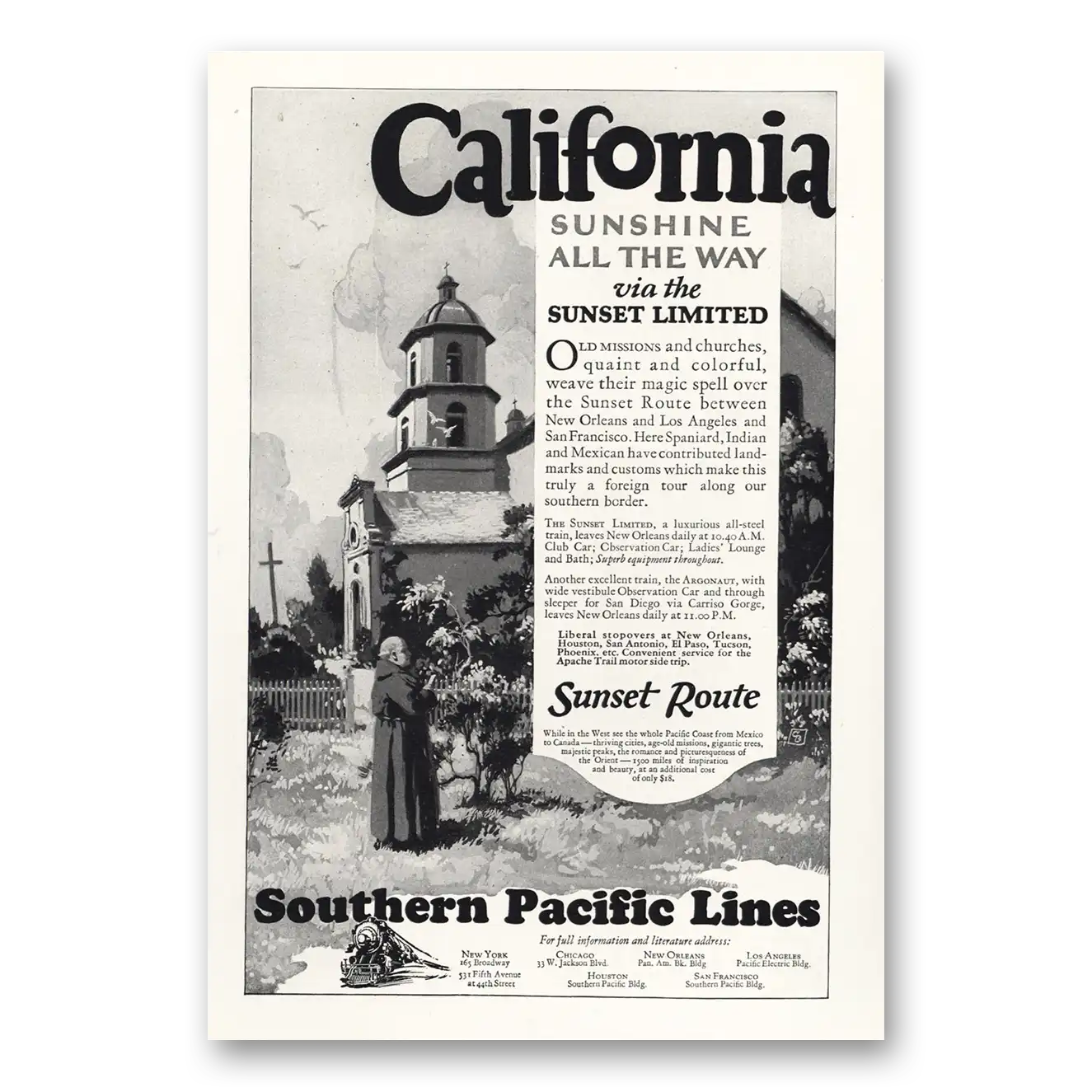 1927 Southern Pacific California Sunshine All the Way Vintage Magazine Print Ad