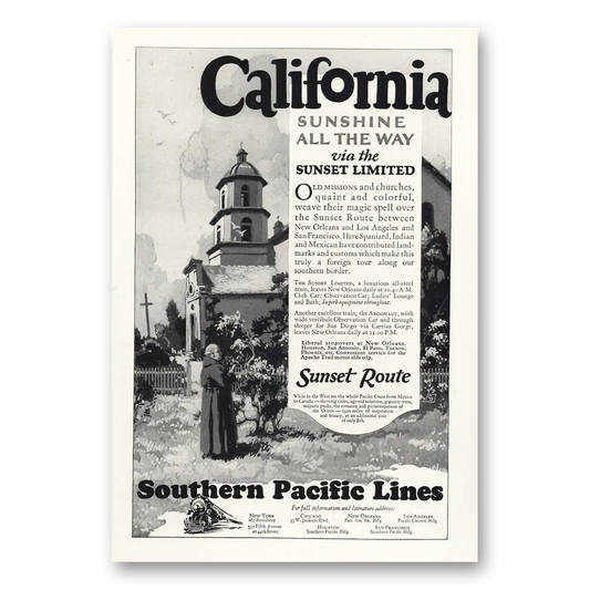 1927 Southern Pacific California Sunshine All the Way Vintage Magazine Print Ad