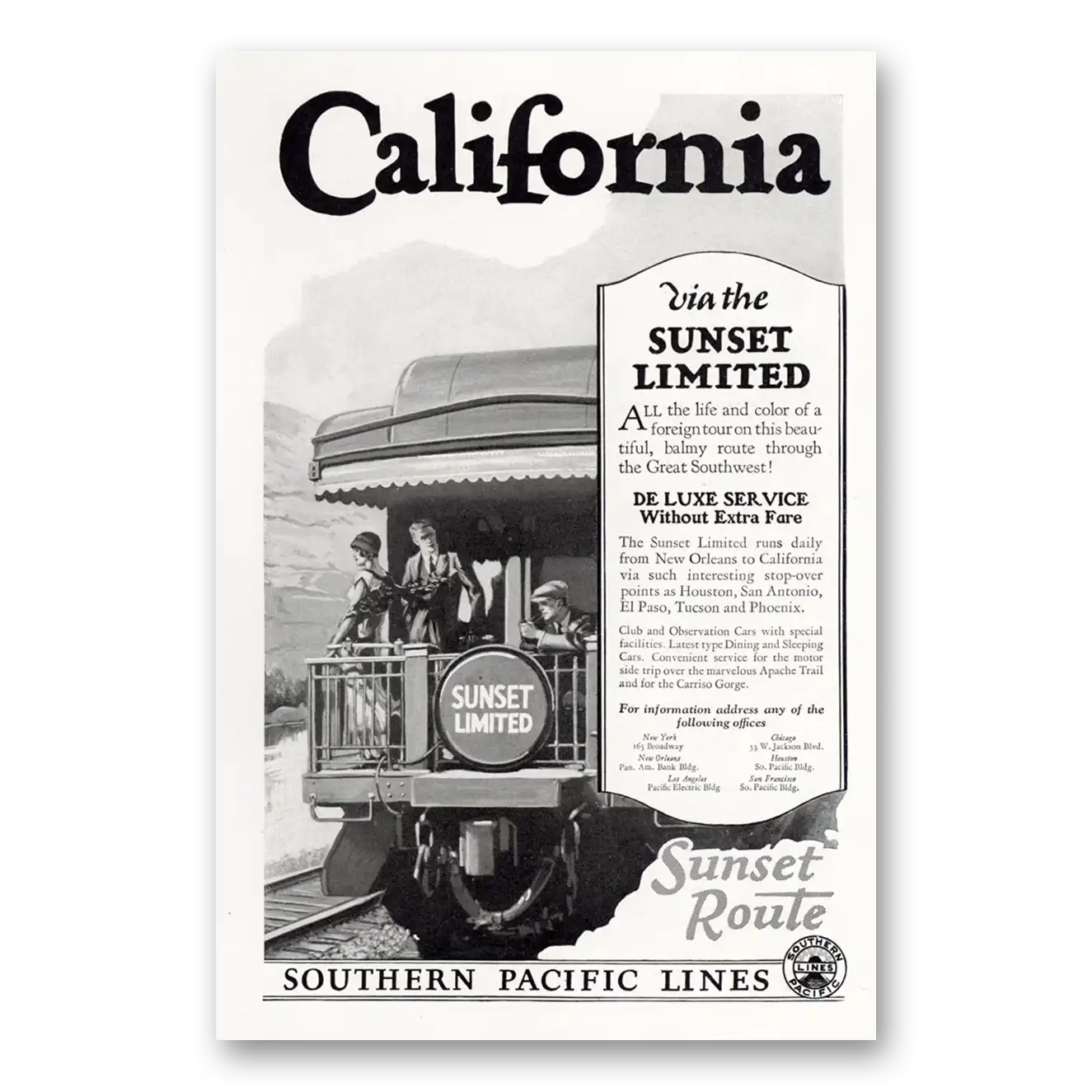 1927 Southern Pacific California via Sunset Limited Vintage Magazine Print Ad