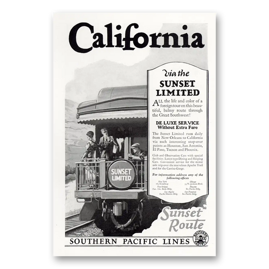 1927 Southern Pacific California via Sunset Limited Vintage Magazine Print Ad