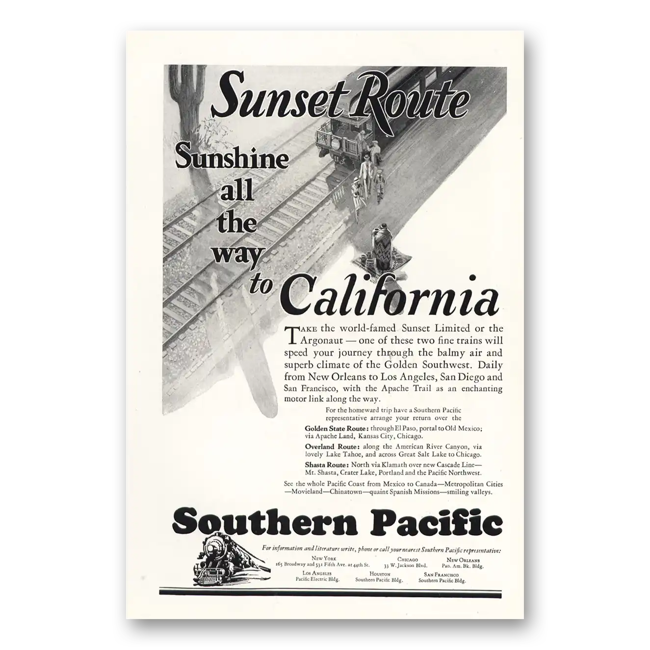 1927 Southern Pacific Sunshine All the Way to California Vintage Magazine Print Ad