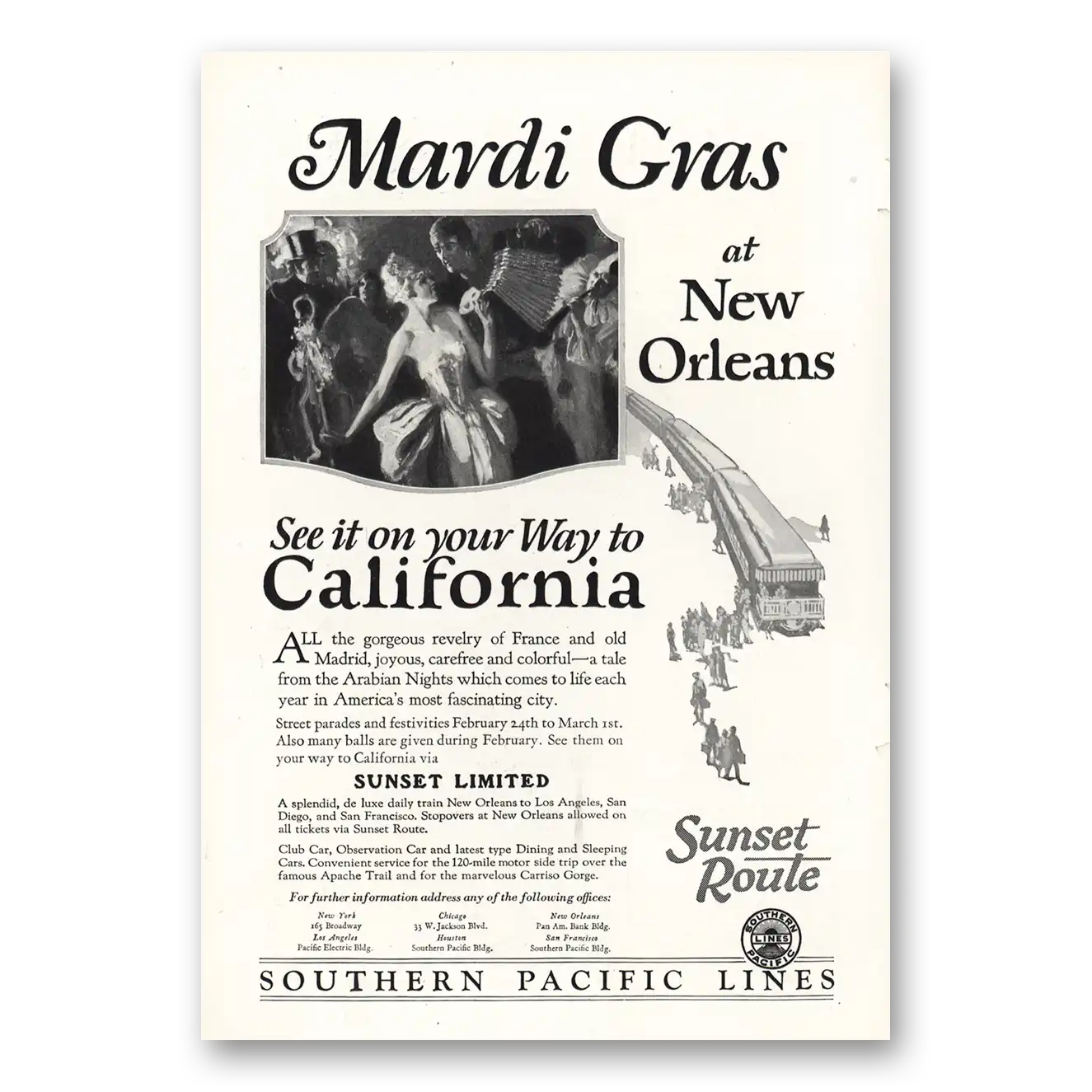 1927 Southern Pacific Mardi Gras New Orleans Vintage Magazine Print Ad