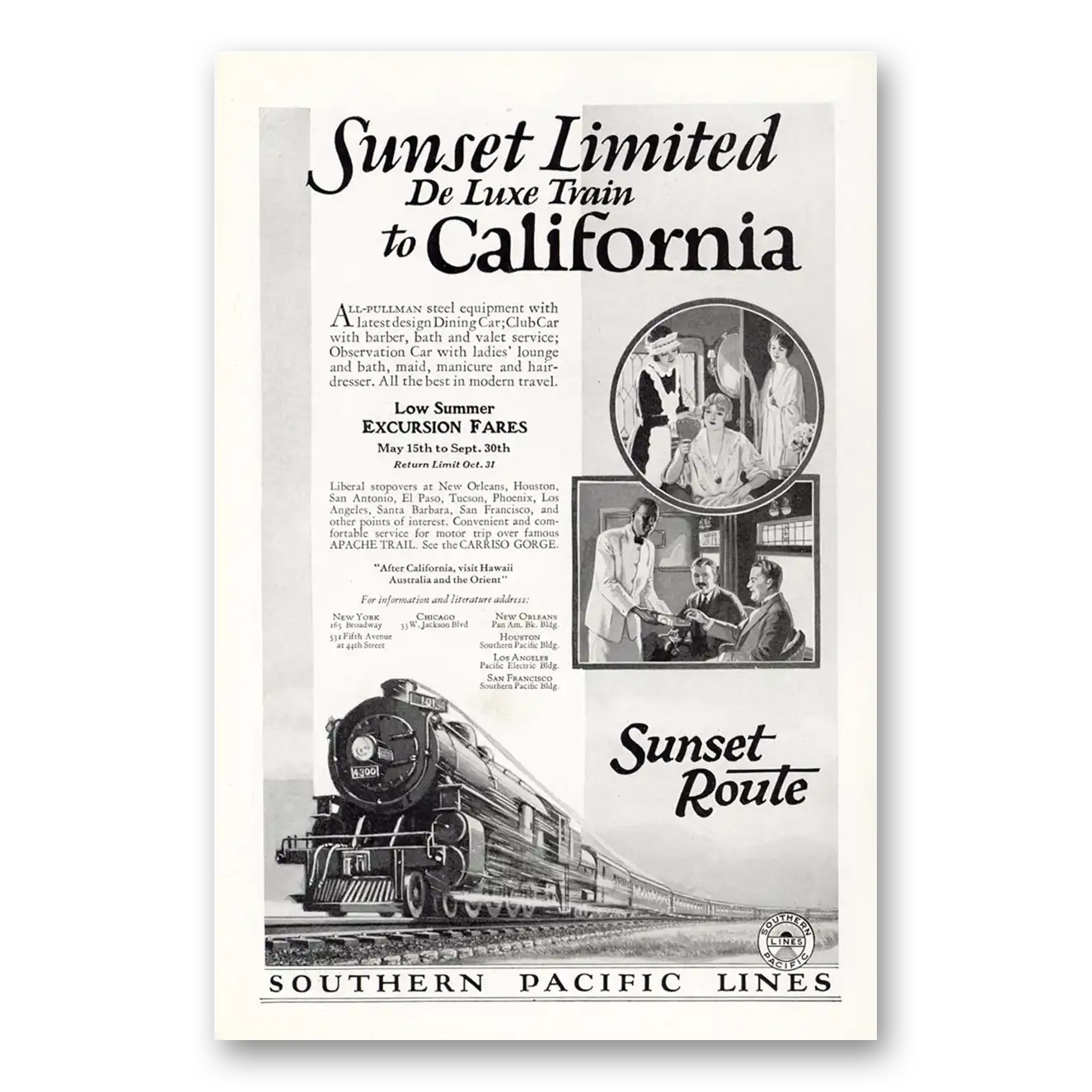 1927 Southern Pacific Sunset Limited De Luxe Train Vintage Magazine Print Ad