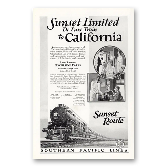 1927 Southern Pacific Sunset Limited De Luxe Train Vintage Magazine Print Ad