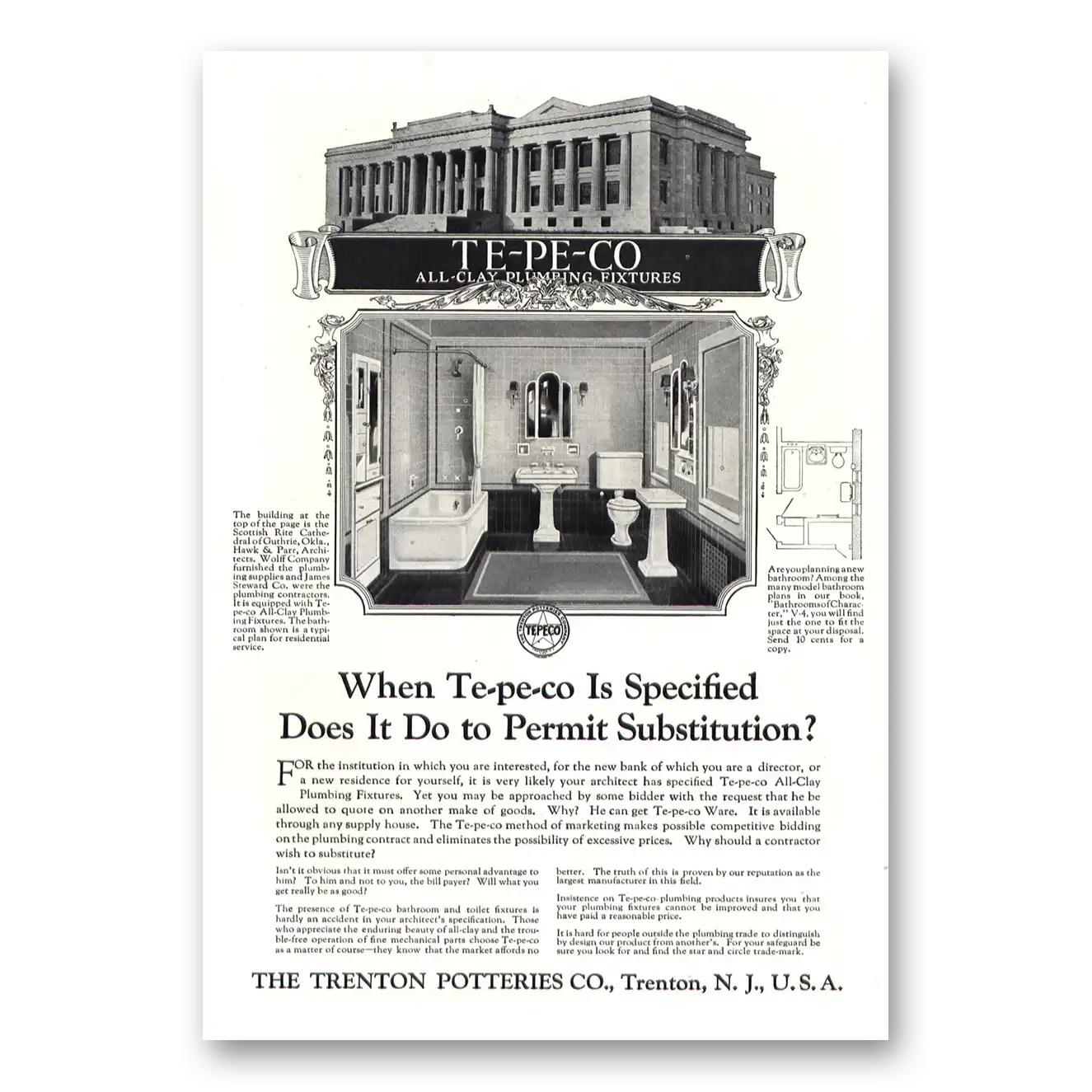 1927 Trenton Potteries Scottish Rite Cathedral Oklahoma Vintage Magazine Print Ad