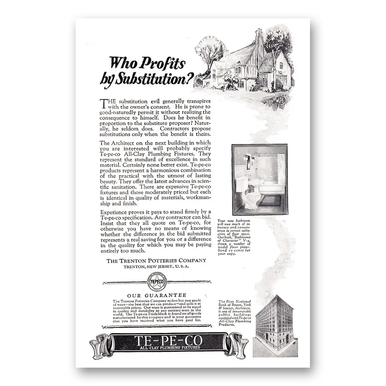 1927 Trenton Potteries Te Pe Co Who Profits by Substitution Vintage Magazine Print Ad