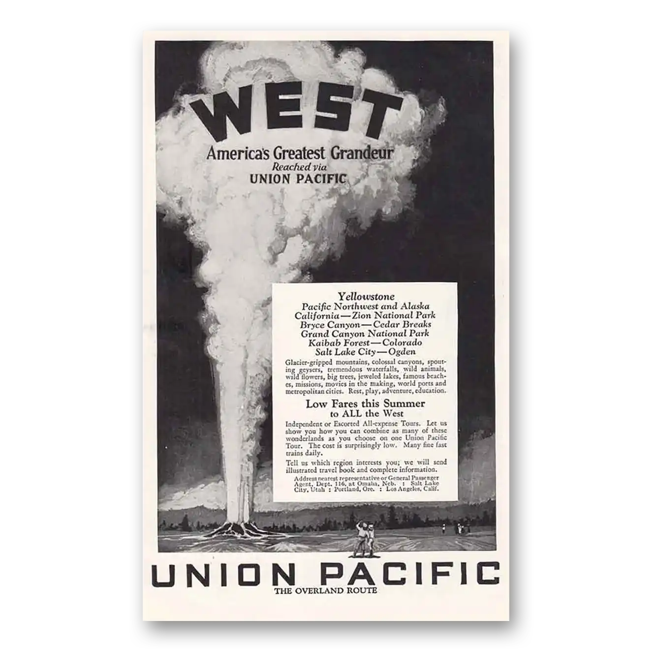 1927 Union Pacific Railroad West America's Greatest Grandeur Vintage Magazine Print Ad