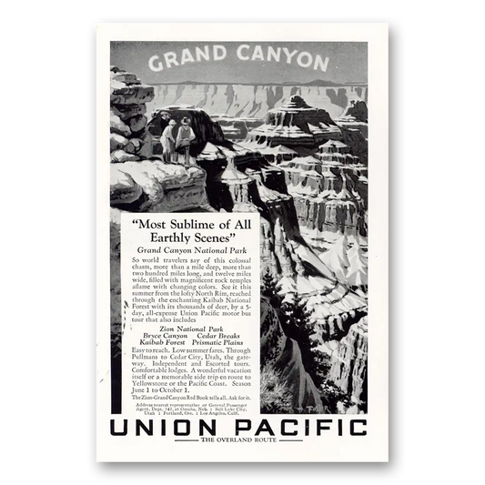 1927 Union Pacific Railroad Grand Canyon Sublime of All Earthly Scenes Vintage Magazine Print Ad