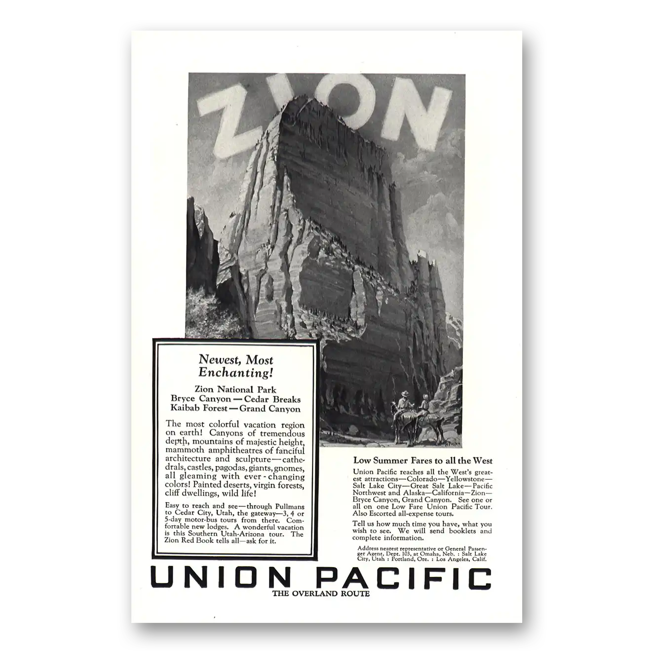 1927 Union Pacific Railroad Zion National Park Newest Most Enchanting Vintage Magazine Print Ad