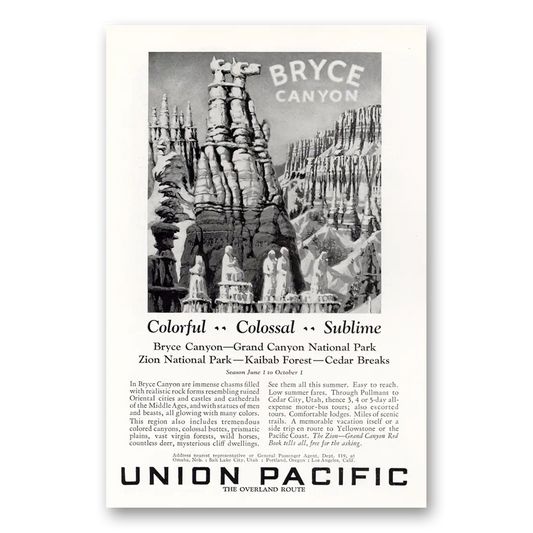 1927 Union Pacific Railroad Bryce Canyon Colorful Colossal Sublime Vintage Magazine Print Ad