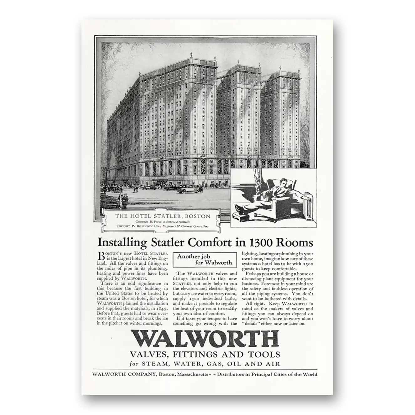 1927 Walworth Valves Fittings and Tools Hotel Statler Boston Comfort In 1300 Rooms Vintage Magazine Print Ad