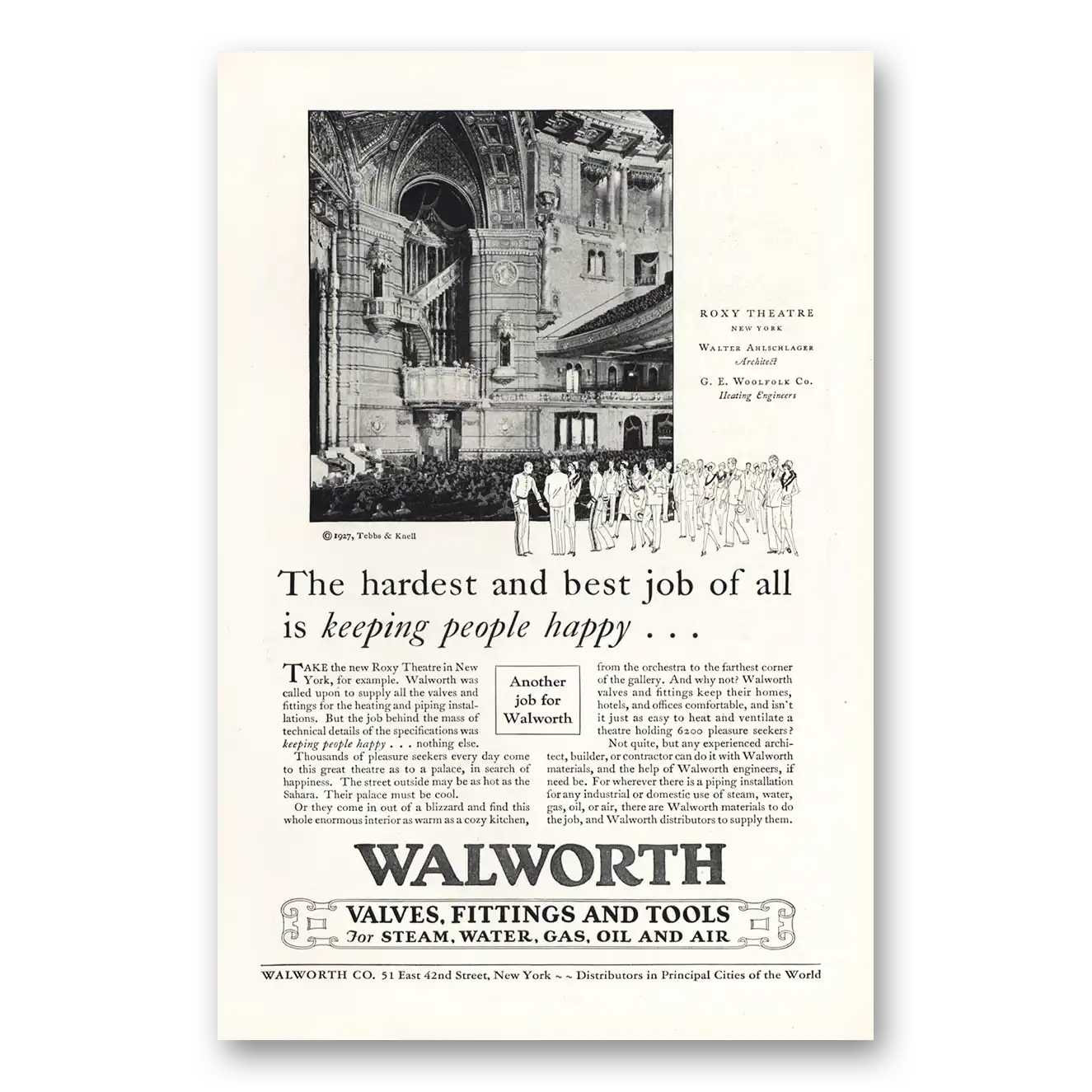 1927 Walworth Valves Fittings and Tools Valves Roxy Theatre New York Vintage Magazine Print Ad