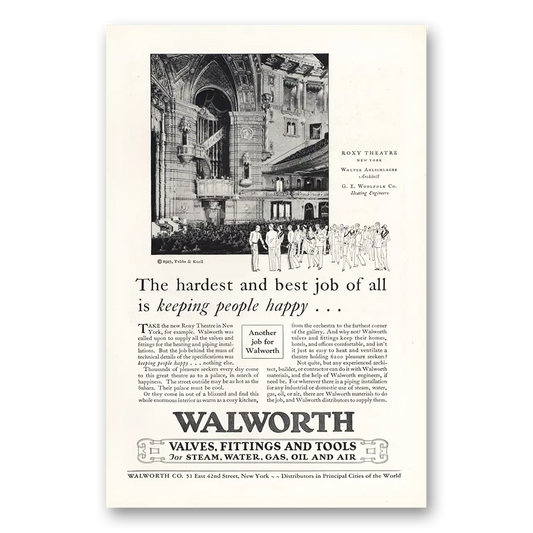 1927 Walworth Valves Fittings and Tools Valves Roxy Theatre New York Vintage Magazine Print Ad