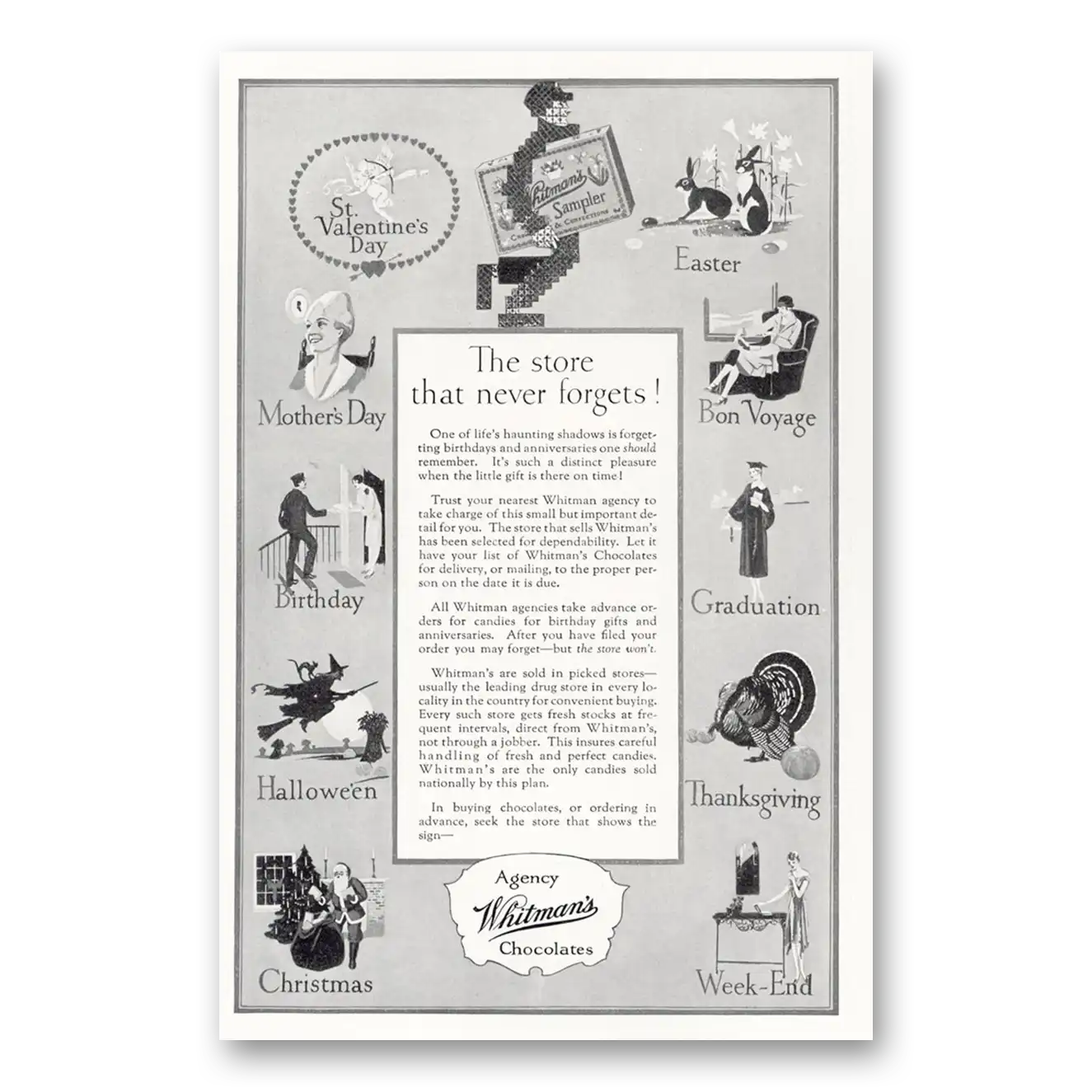 1927 Whitmans Chocolates Store That Never Forgets Vintage Magazine Print Ad