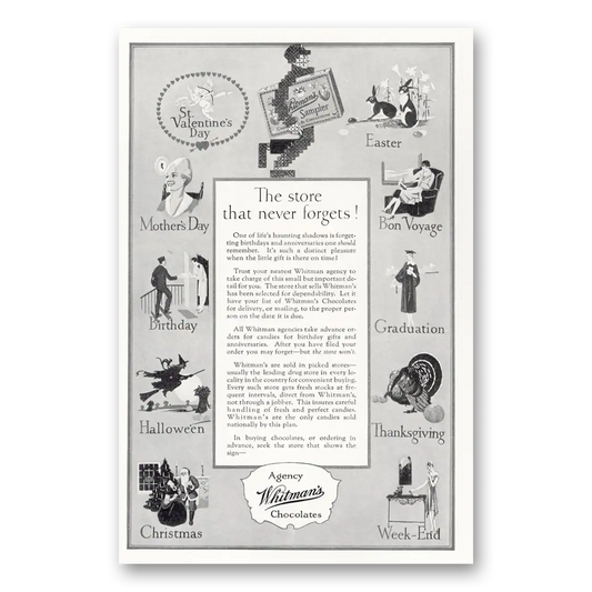 1927 Whitmans Chocolates Store That Never Forgets Vintage Magazine Print Ad